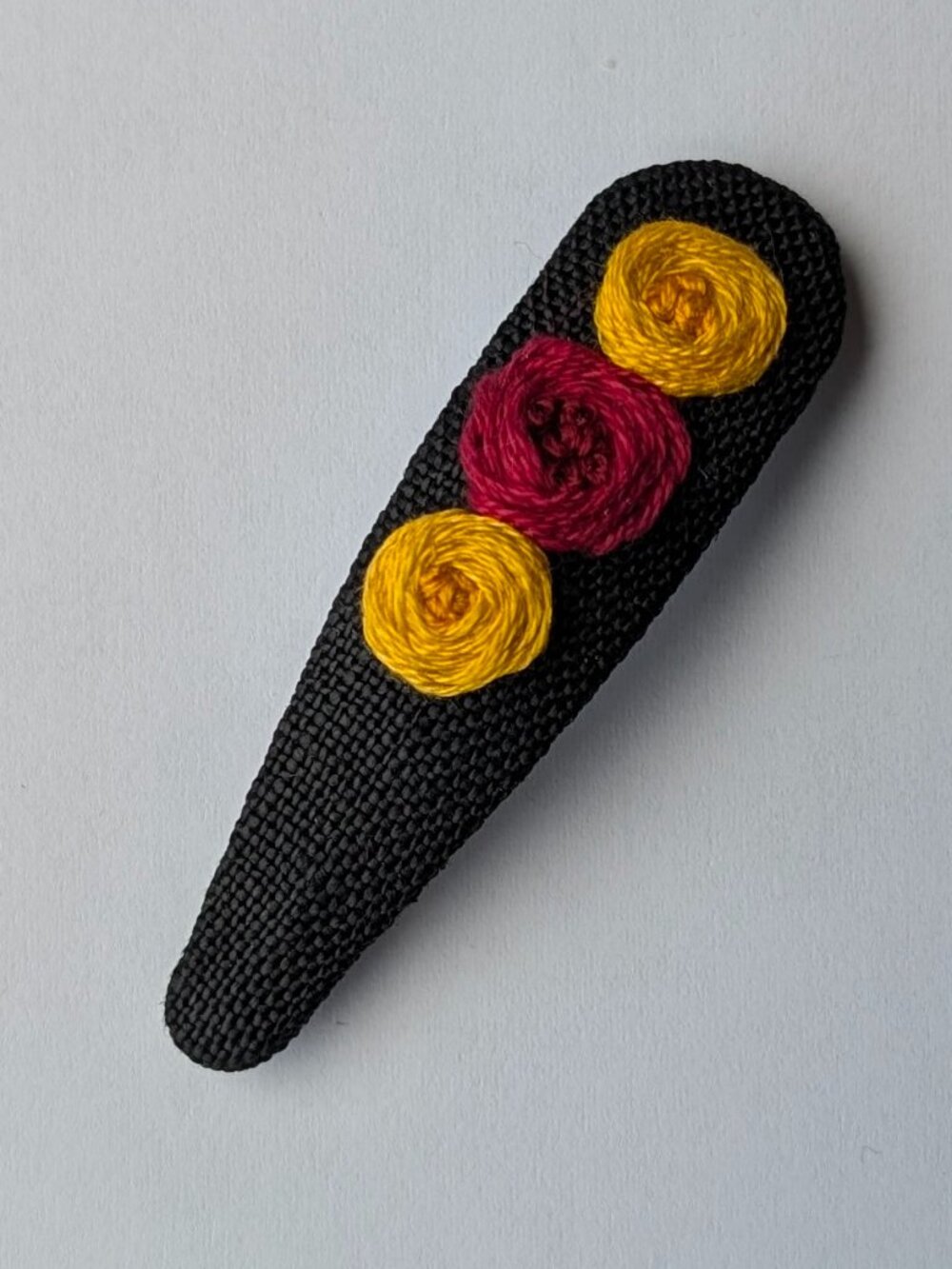New Rosette Trio on Black hand embroidered linen cotton handmade hair clip